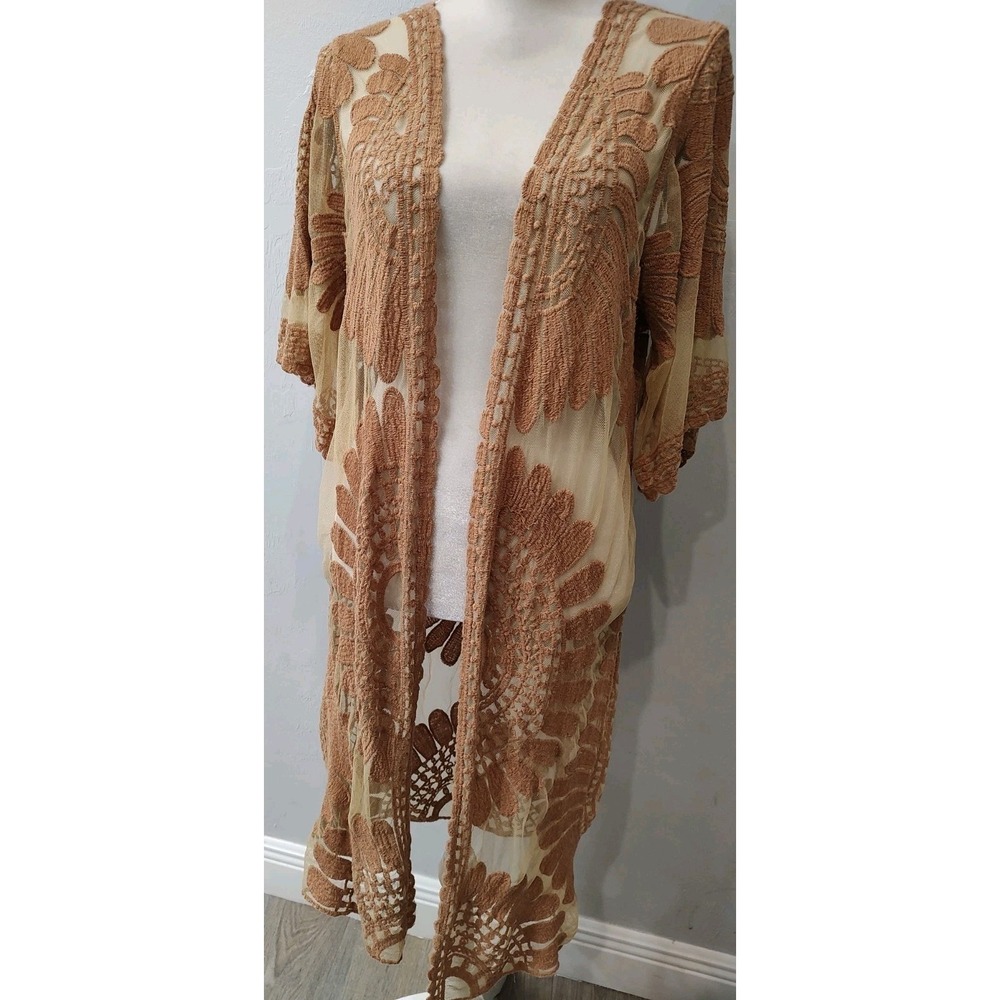 Rebellion Brown Women Sz Small Sheer Lace Crochet Open Kimono CoverUp Bell Sleev